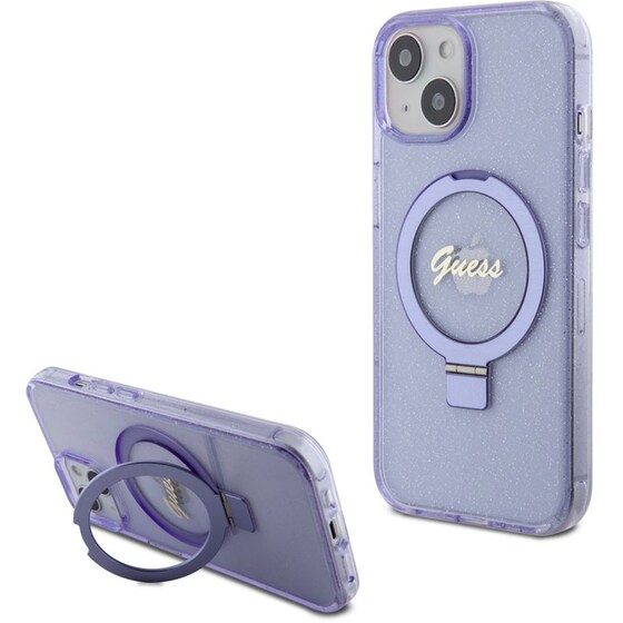Θήκη Apple iPhone 15 - Guess Magsafe Ring Stand Glitter Hard Case Script Logo - Διάφανο/Μωβ image 6