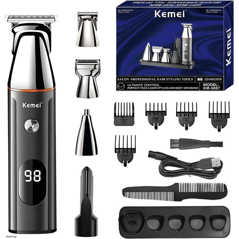 Κουρευτική Μηχανή Και Σετ Περιποίησης - 5in1 Kemei - KΜ-5857 - Μαύρο