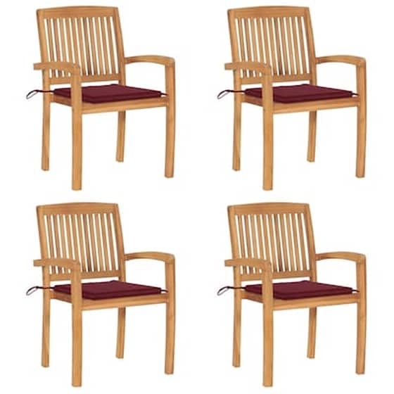 Vidaxl Καρέκλες Κήπου Στοιβαζόμενες 4 Τεμ. Μασίφ Ξύλο Teak + Μαξιλάρια image 0