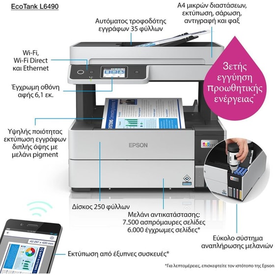 Epson EcoTank L6490 Εγχρωμο Πολυμηχάνημα Inkjet A4 με WiFi, Ethernet, ADF, Duplex Print (C11CJ88403) image 3