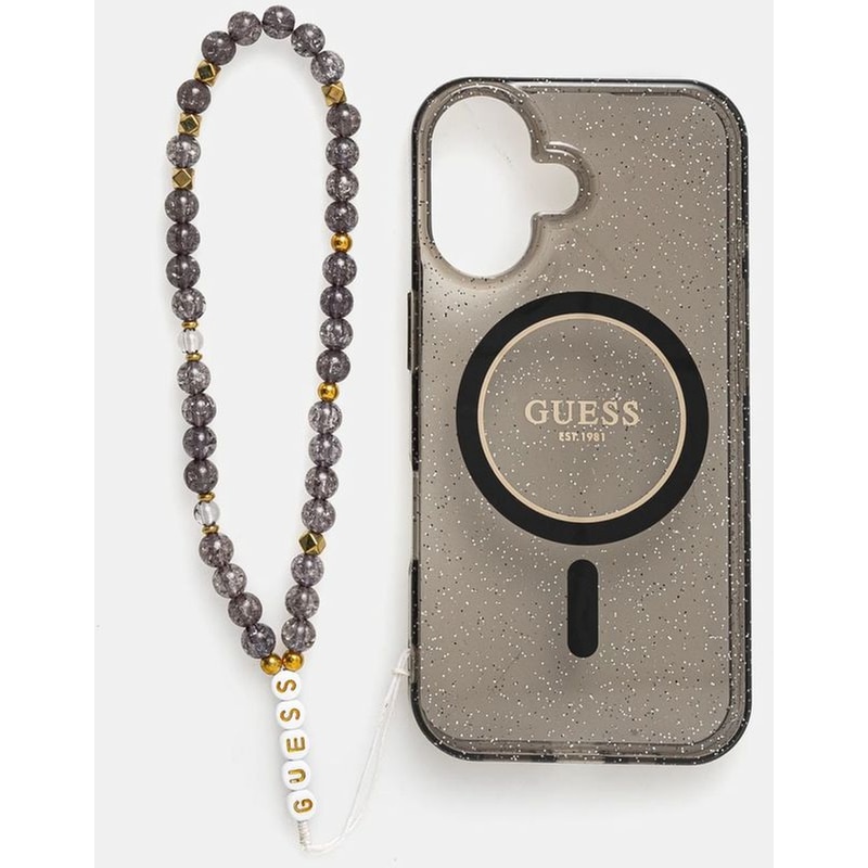 GUESS Θήκη Apple iPhone 16 - Guess Glitter with Pearl Strap MagSafe - Black