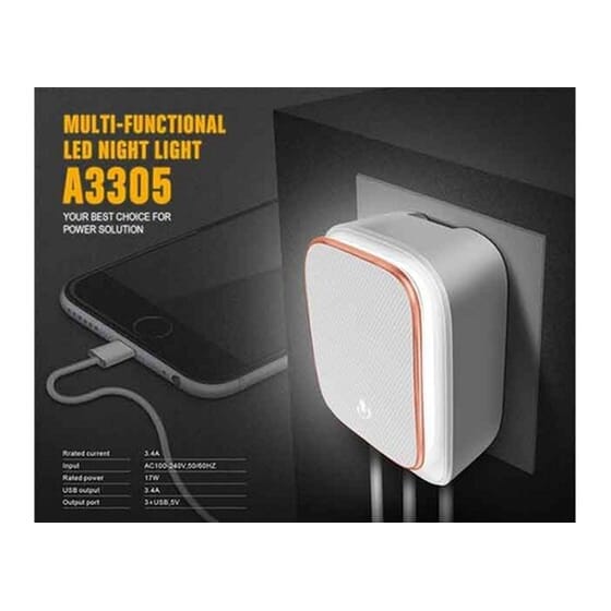 Ldnio Φωτάκι Νυκτός Και Φορτιστής 3x Usb Λευκό (a3305) A3305 image 2