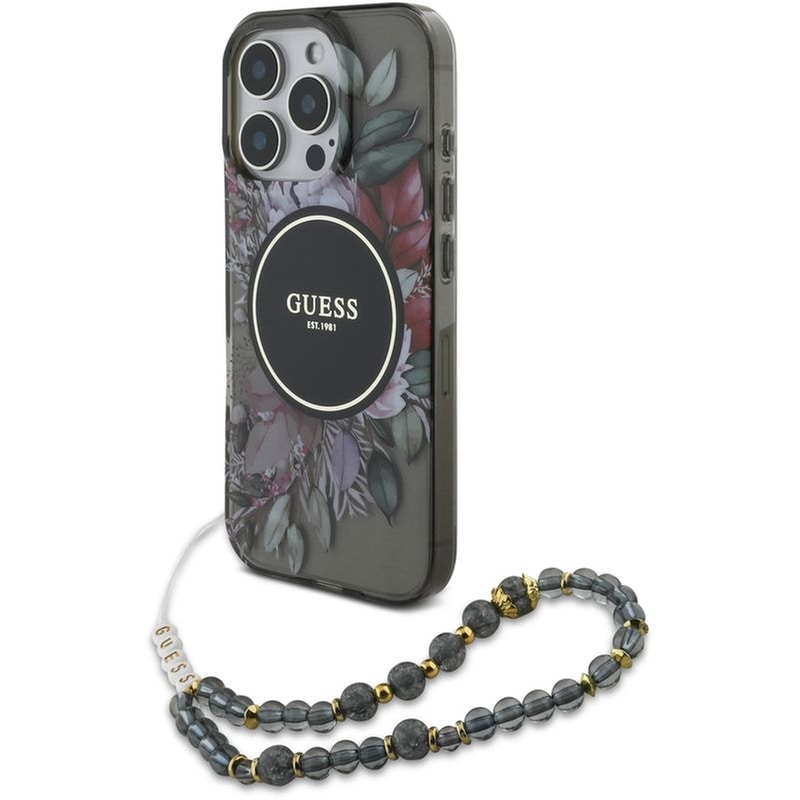 GUESS Θήκη Apple iPhone 16 Pro Max - Guess Flowers with Pearl Strap - Black