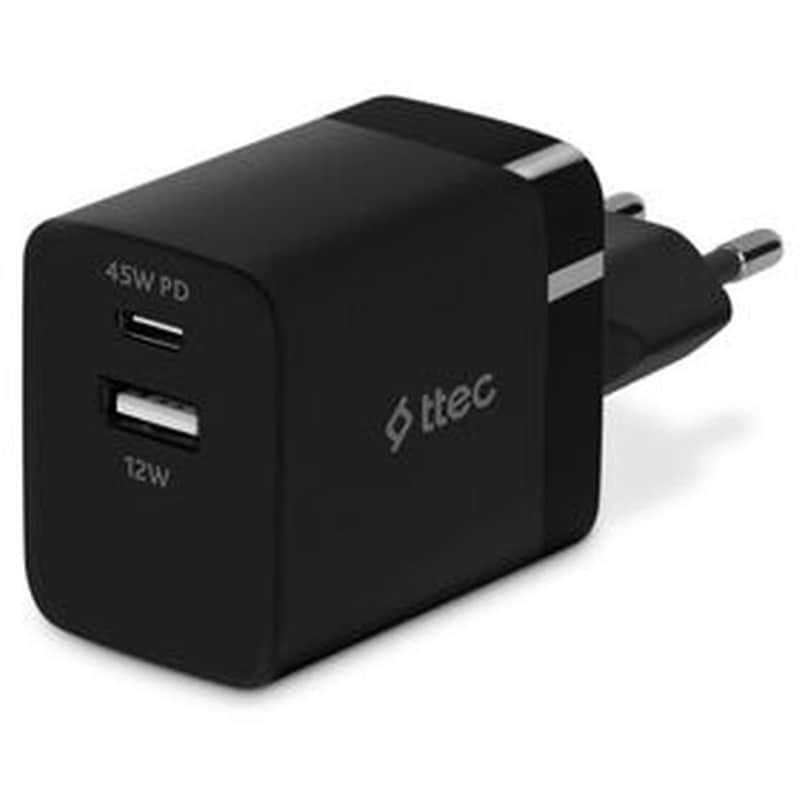 TTEC Smartcharger™ Pd Duo 45w Usb-c+usb-a Ταχυφορτιστής Ταξιδιού,μαύρο