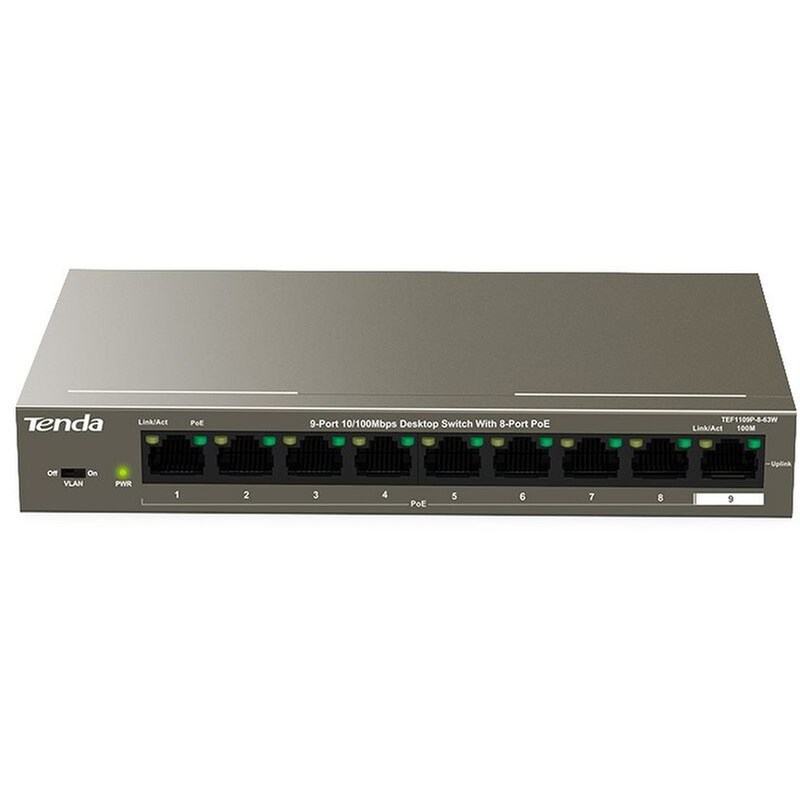 Tenda Network Switch Unmanaged L2 9-Port 10/100 Mbps Desktop with 8-Port PoE
