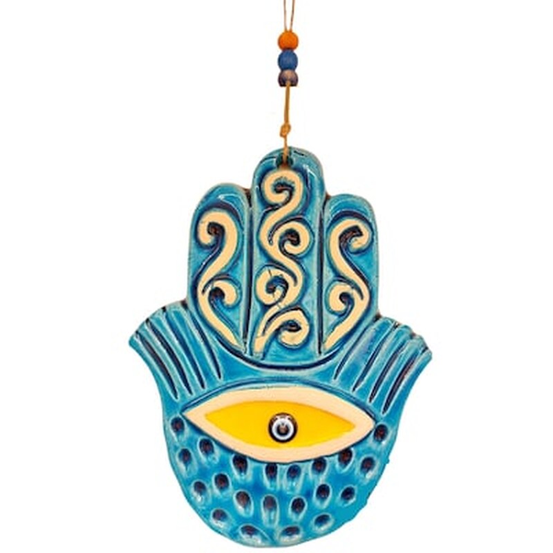 Διακοσμητικό Τοίχου Μπλε Χεράκι Της Τύχης Hamsa Decorative Wall Lucky Hand 16x29cm