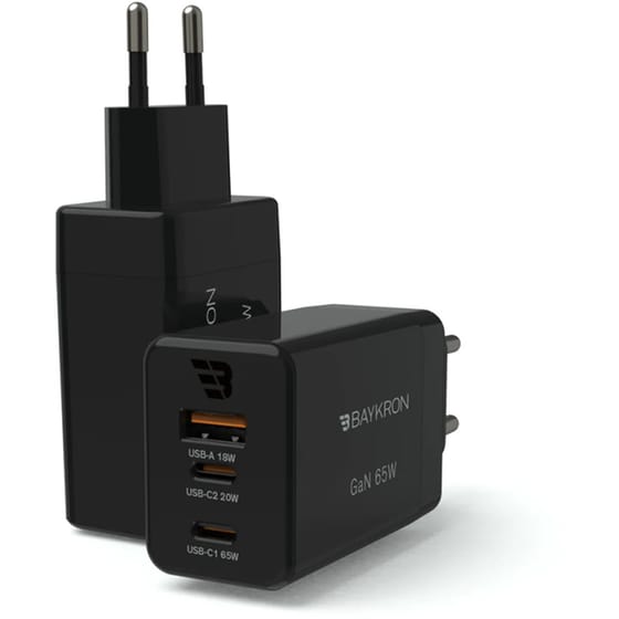 Φορτιστής Πρίζας Baykron USB-A / 2x USB-C 65W - Μαύρο image 2