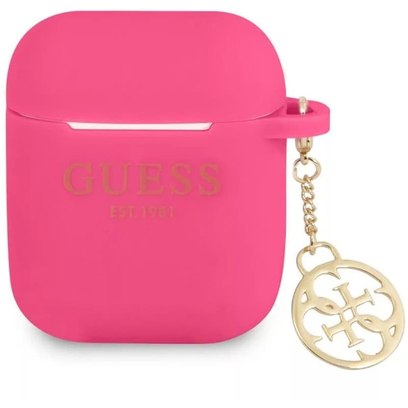 Θήκη Ακουστικών Guess Printed Gold Logo Case για Apple AirPods 1/2 με Χρυσό Κρεμαστό Στολίδι - Φούξια φωτογραφία