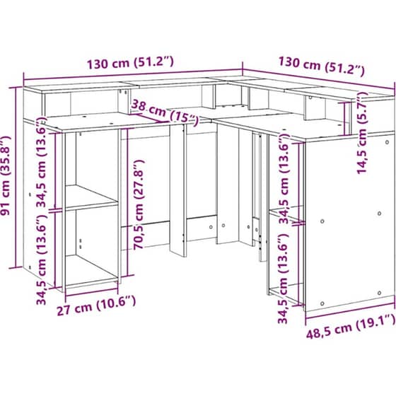 Γραφείο VidaXL με LED από Επεξεργασμένο Ξύλο 130x130x91 cm - Καφέ Δρυς image 10