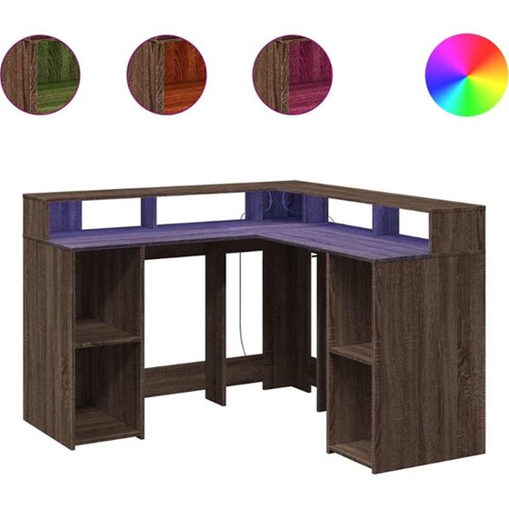 Γραφείο VidaXL με LED από Επεξεργασμένο Ξύλο 130x130x91 cm - Καφέ Δρυς image 2