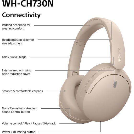 Sony WH-CH730N Ασύρματα Ακουστικά Κεφαλής Noise Cancelling - Beige image 9