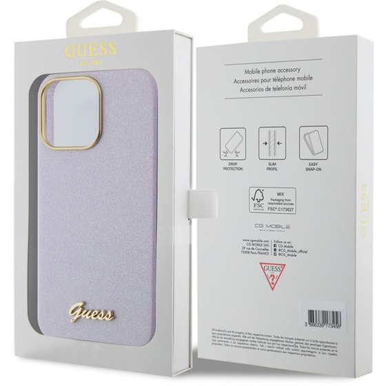 Θήκη Apple iPhone 15 Pro Max - Guess Glitter Full Wrapped Glossy Case With Vintage Script Logo - Glitter Lilac image 3