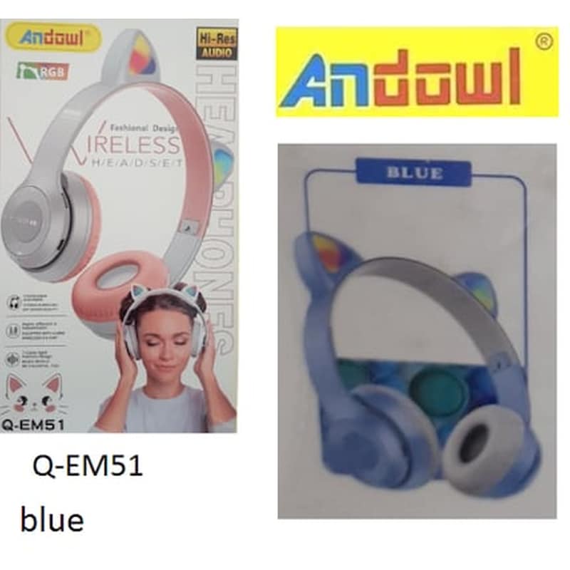 Ασύρματα Επαναφορτιζόμενα Ακουστικά Με Led Γατίσια Αυτιά Μπλε Q-em51 Andowl