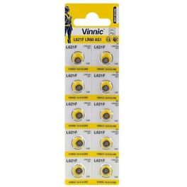 Αλκαλικές Μπαταρίες Για Ρολόγια Vinnic L621F/AG1 LR60 1,55V 10τμχ Με Διάτρητη Συσκευασία