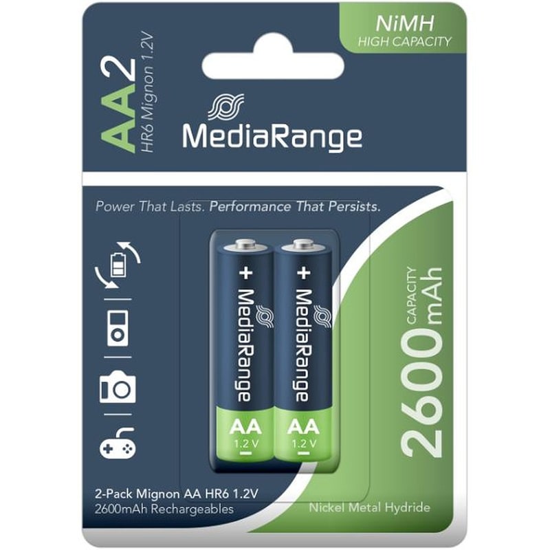 MediaRange High Capacity Rechargeable NiMH Accus Mignon AA|HR6|1.2V Pack 2 (MRBAT123)