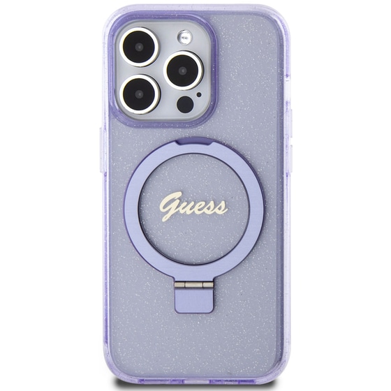 Guess Magsafe Ring Stand Glitter Hard Case Script Logo Θήκη Προστασίας Από Σιλικόνη – Iphone 15 Pro (διάφανη / Μωβ – Guhmp15lhrsgsu) image 0