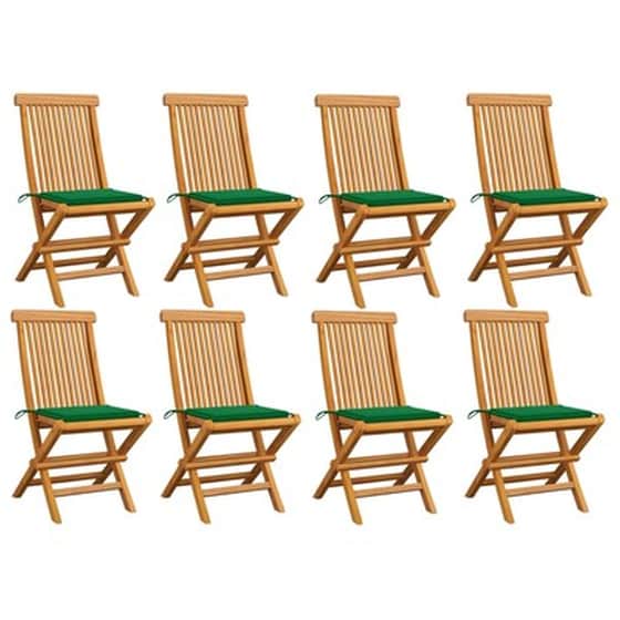 Vidaxl Καρέκλες Κήπου 8 Τεμ. Μασίφ Ξύλο Teak Με Πράσινα Μαξιλάρια image 1