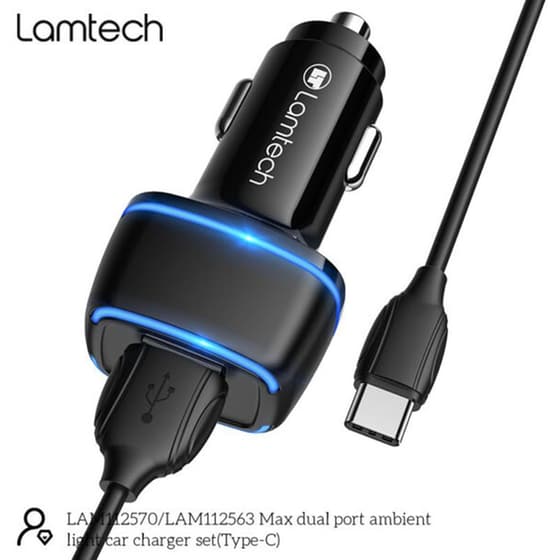 Φορτιστής Αυτοκινήτου Lamtech 2x USB 2.4A Με Καλώδιο USB-C 1m - Μαύρο image 1