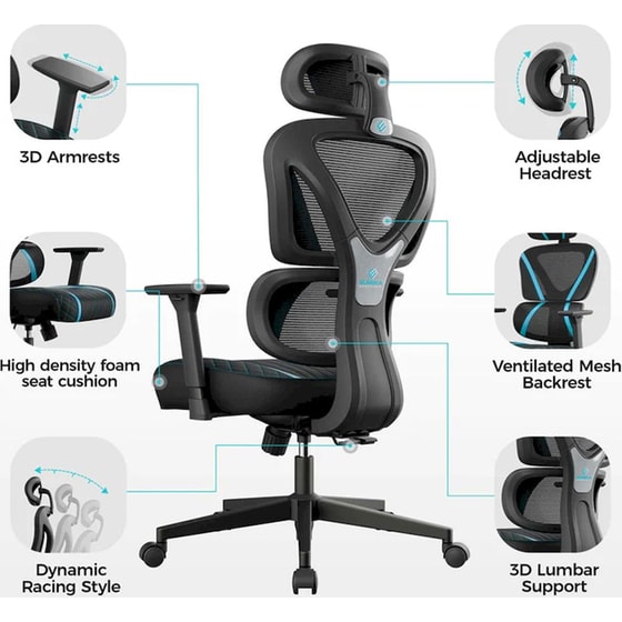 Καρέκλα Gaming Εργονομική Eureka Ergonomic ERK-GC06-BU-V1 Υφασμάτινη - Μαύρη/ Γαλάζια image 2