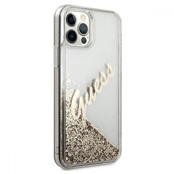Θήκη Apple iPhone 12 Pro Max - Guess Glitter Script Vintage Gold Logo - Clear/Glitter Gold image 5