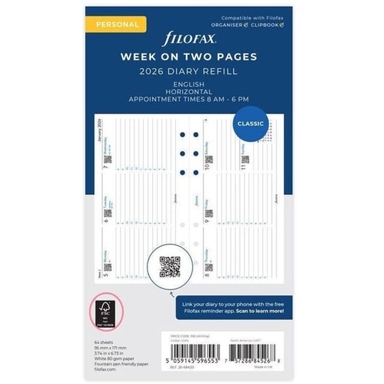 Ανταλλακτικά Φύλλα Ημερολογίου Filofax 2026 Eng. Personal Week 2 Appts Οριζόντιο image 0