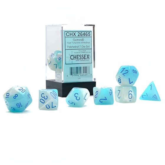 Gemini Pearl Turquoise-white/Βlue Luminary Polyhedral 7-die Set CHESSEX image 0