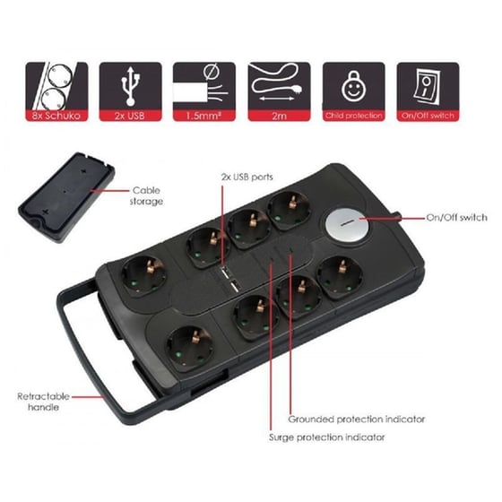 Powertech PT-995 8 Θέσεων με USB 2m - Μαύρο image 1