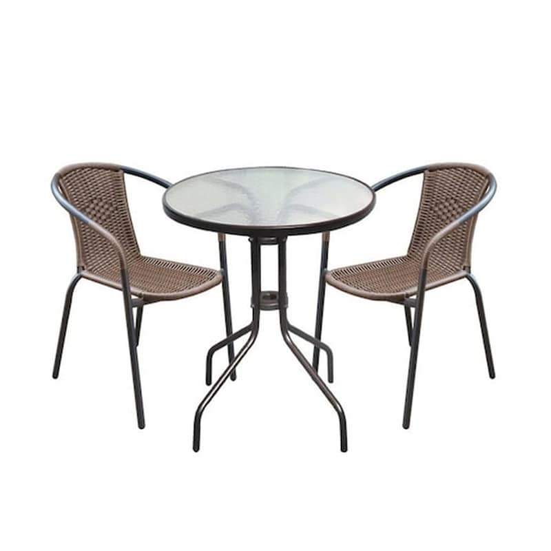 WOODWELL Τραπεζι Σετ Μεταλλικο - Wicker Καφε Με 2 Πολυθρονες Πλάτος:53cm X Βάθος:58cm X Ύψος:77cm