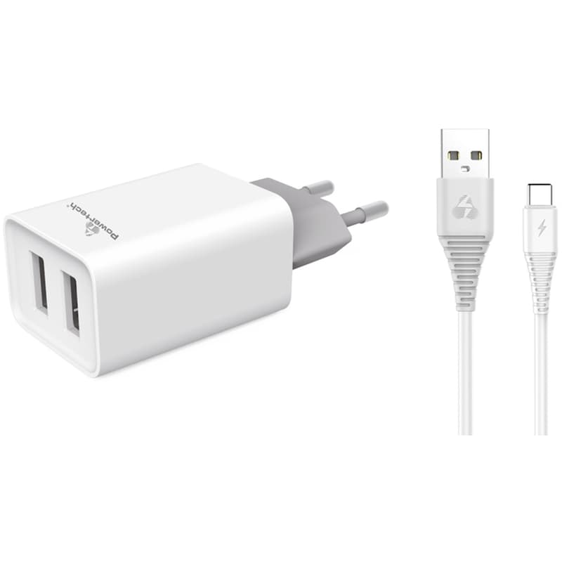 POWERTECH Σετ Φόρτισης Powertech Pt-776 2x Usb 2.1A with cable Usb to Usb-C 1m - White