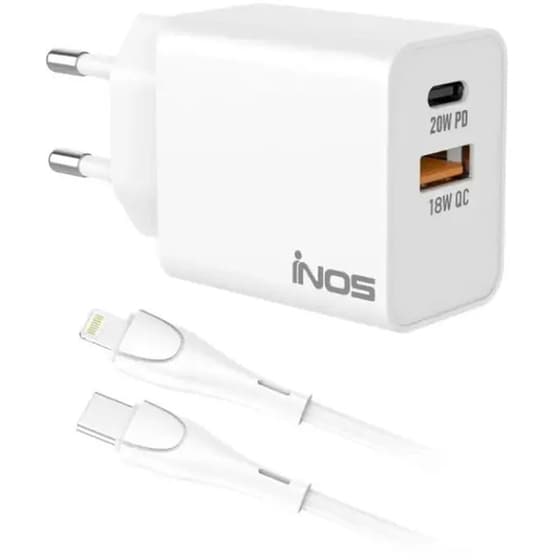 Σετ Φόρτισης Inos INOSNS-73708 1x USB-A, 1x USB-C 20 W - Λευκό image 0