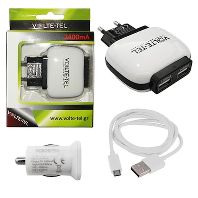 Σετ Φόρτισης Volte-tel Vcu33/VTU64/VCD01 Micro Usb 2400mA - White