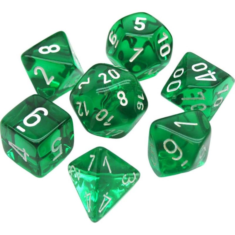 CHESSEX Σετ Ζάρια - 7 Dice Set Translucent Polyhedral Green With White Chessex