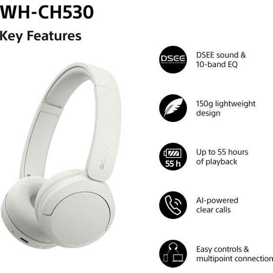 Sony WH-CH530 Ασύρματα Ακουστικά Κεφαλής Bluetooth - White image 2
