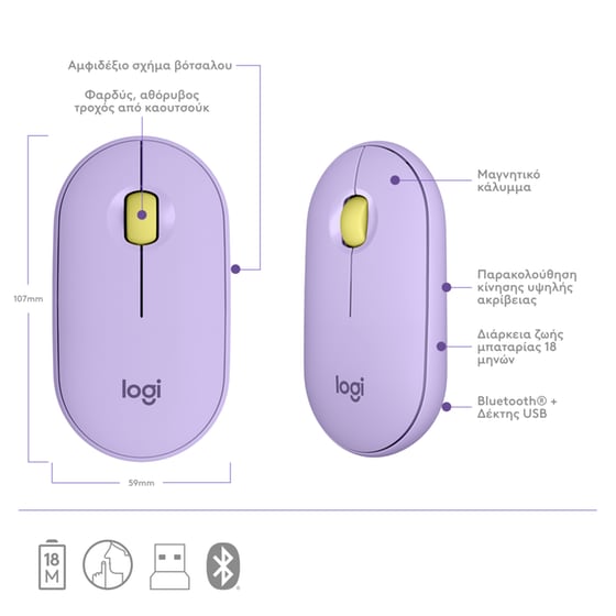 Logitech Pebble M350 Ασύρματο Bluetooth Ποντίκι Lavender image 5