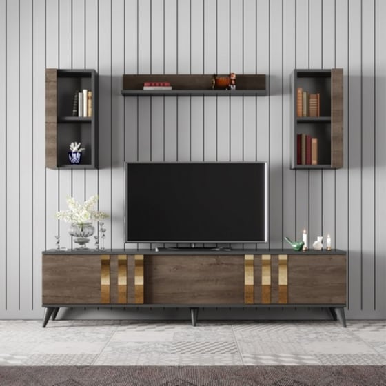 Έπιπλο Τηλεόρασης 24Mall Tricolore από Μοριοσανίδα 180x30x47 cm - Καφέ/Μαύρο/Χρυσό image 1