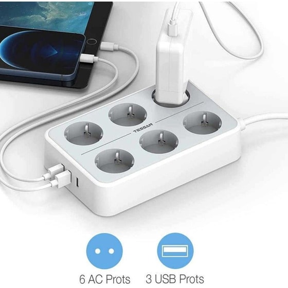 Πολύπριζο TESSAN TS-303 με θύρες AC, USB-A image 1