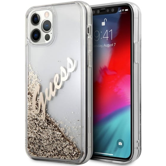 Θήκη Apple iPhone 12 Pro Max - Guess Glitter Script Vintage Gold Logo - Clear/Glitter Gold image 1
