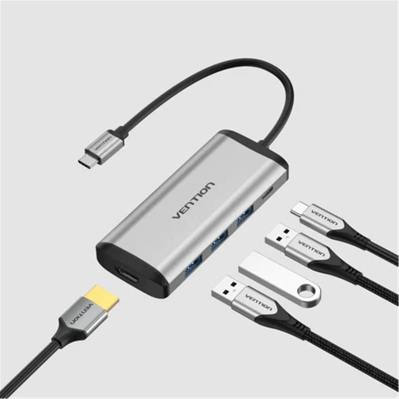 VENTION Docking Station Vention Type-c To Hdmi/usb 3.0*3/pd 87w 0.15m Gray Metal