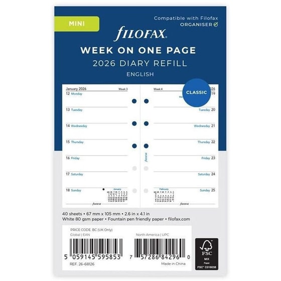 Ανταλλακτικά Φύλλα Ημερολογίου Filofax 2026 Eng. Mini Εβδομαδιαίο σε Σελ. image 0