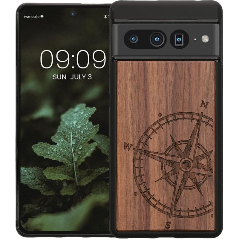 KWMOBILE Θήκη Google Pixel 7 Pro - KWmobile Σκληρή Ξύλινη Θήκη Με Tpu Bumper - Walnut / Navigational Compass