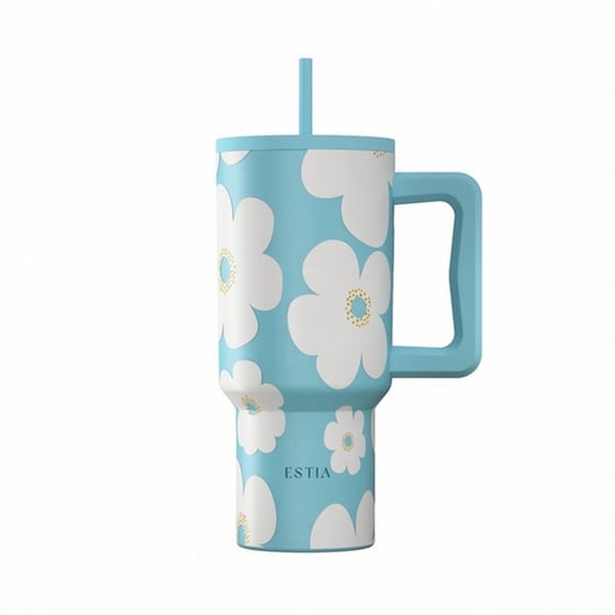 Ποτήρι Θερμός Estia Straw Tumbler XL Save The Aegean Blue Daisy με Καλαμάκι και Λαβή 900 ml image 2