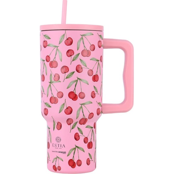 Θερμός Handled Tumbler Estia Home Art Straw Tumbler XL Save the Aegean Cherry Rose 900ml image 0