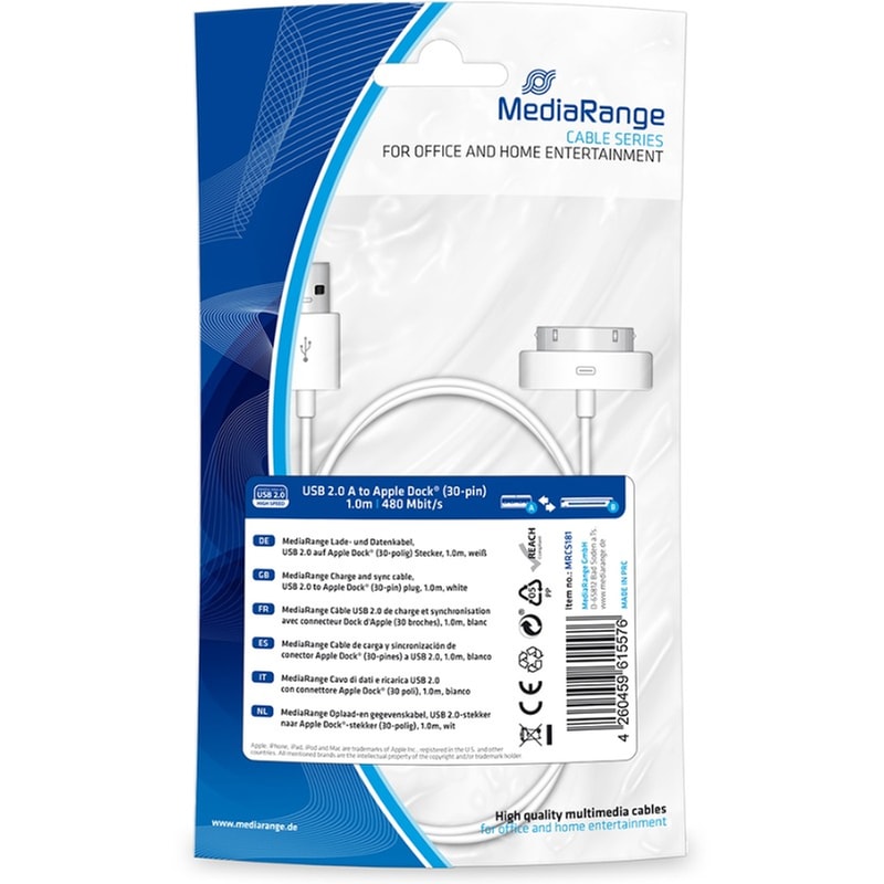Καλώδιο Φόρτισης MediaRange Charge and Sync USB-A 2.0 to Apple Dock 30-pin 1.0m - Λευκό