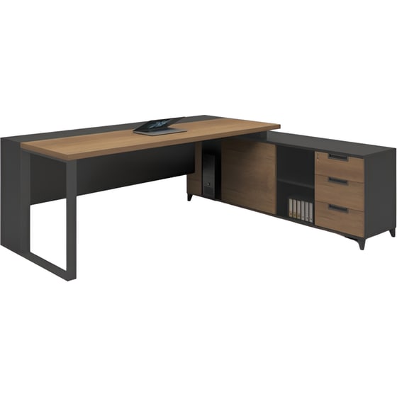 Γραφείο Γωνιακό Woodwell Proline από Μοριοσανίδα 180x70cm - Καρυδί/Μαύρο image 0