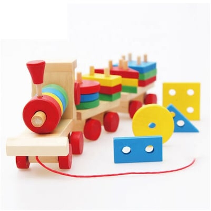 Ξύλινο Εκπαιδευτικό Τρενάκι – Montessori Wooden Material Stacking Geometry Blocks Train Toy