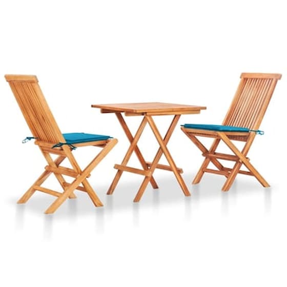 Vidaxl Σετ Επίπλων Mπιστρό 3 Τεμ. Μασίφ Ξύλο Teak Με Μπλε Μαξιλάρια image 0