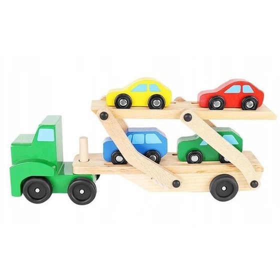 Ξύλινο Παιχνίδι Φορτηγό Μεταφοράς Με 4 Αυτοκίνητα, 32x7.3x16.5 Cm image 1