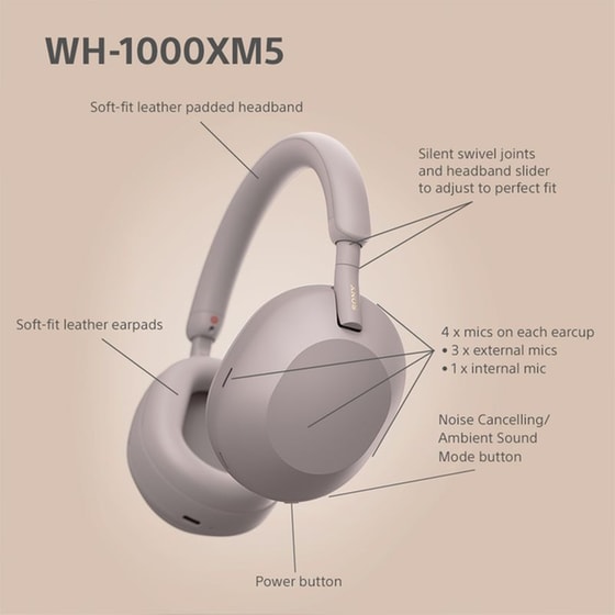 Sony WH-1000XM5 Premium Noise Cancelling Wireless Over Ear Headphones - Smoky Pink image 2