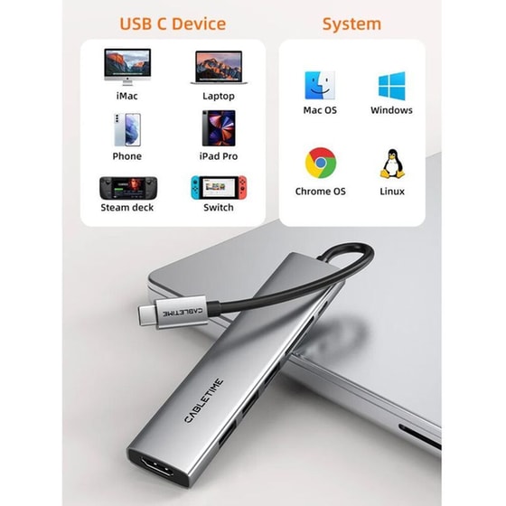 Docking Station Cabletime CT-HBP2-AG7 7-Ports συμβατό με USB-C, HDMI, SD, micro SD, USB-A - Γκρι image 4