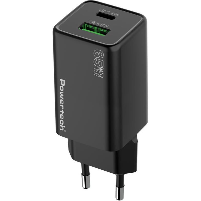Φορτιστής Πρίζας Powertech PT‑1501 USB‑A, USB‑C 65 W - Μαύρο
